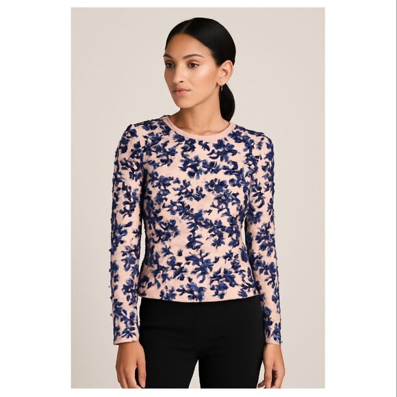 Bibhu Mohapatra Couture 3D Appliqué Floral Top, Blush/Navy, Womens Size 8 - Picture 1 of 8
